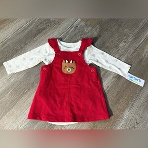 NWT Carters 2 Piece Set Christmas Reindeer Outfit Red Dress Jumper Size 3-6 Mos